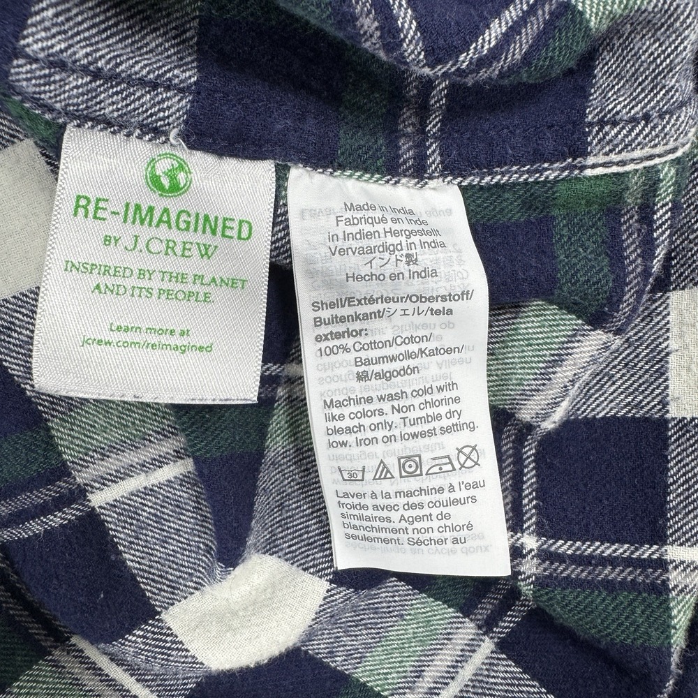 J Crew Flannel Shirt Mens Large Slim Fit Navy Green Plaid Cotton Button Up - Picture 3 of 8